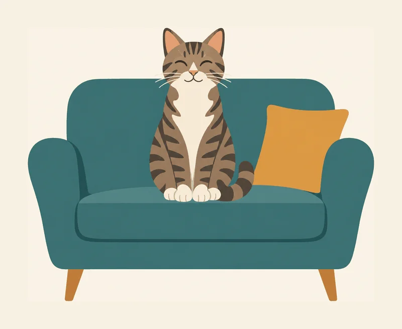 Eine getigerte Katze sitzt zufrieden auf einem petrolfarbenen Sofa mit einem Kissen
