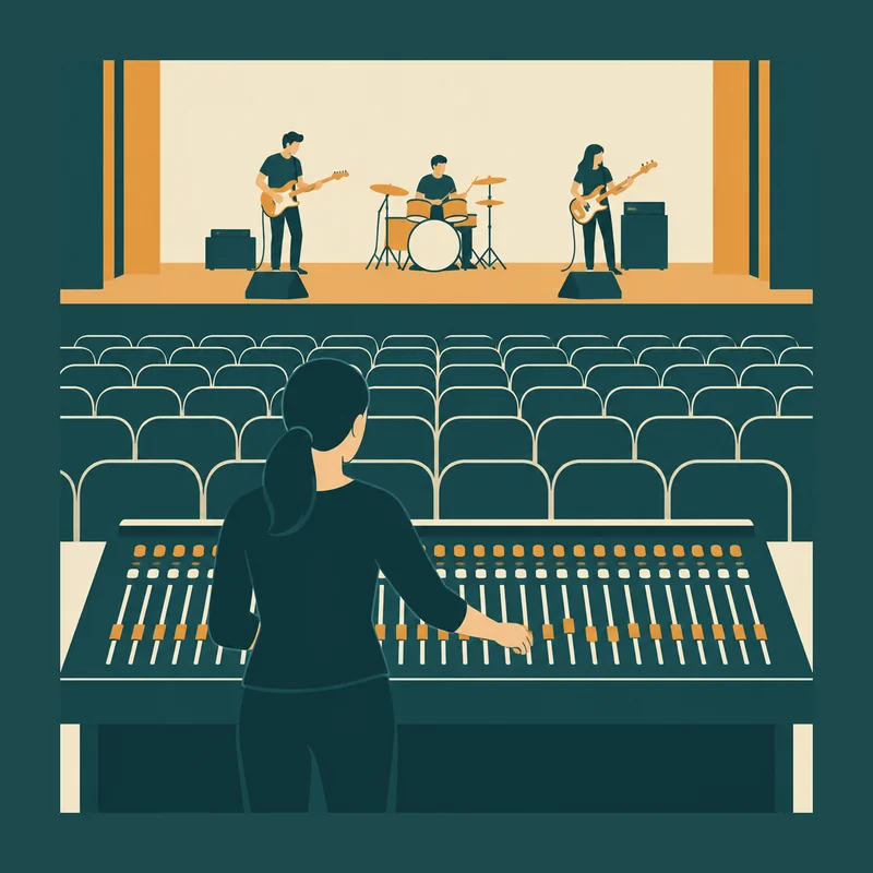 Von hinten gesehen: eine Tontechnikerin greift an einem großen Mischpult nach einem Regler; vor ihr leere Sitzreihen, auf der Bühne eine Band mit Gitarre, Schlagzeug und Bass