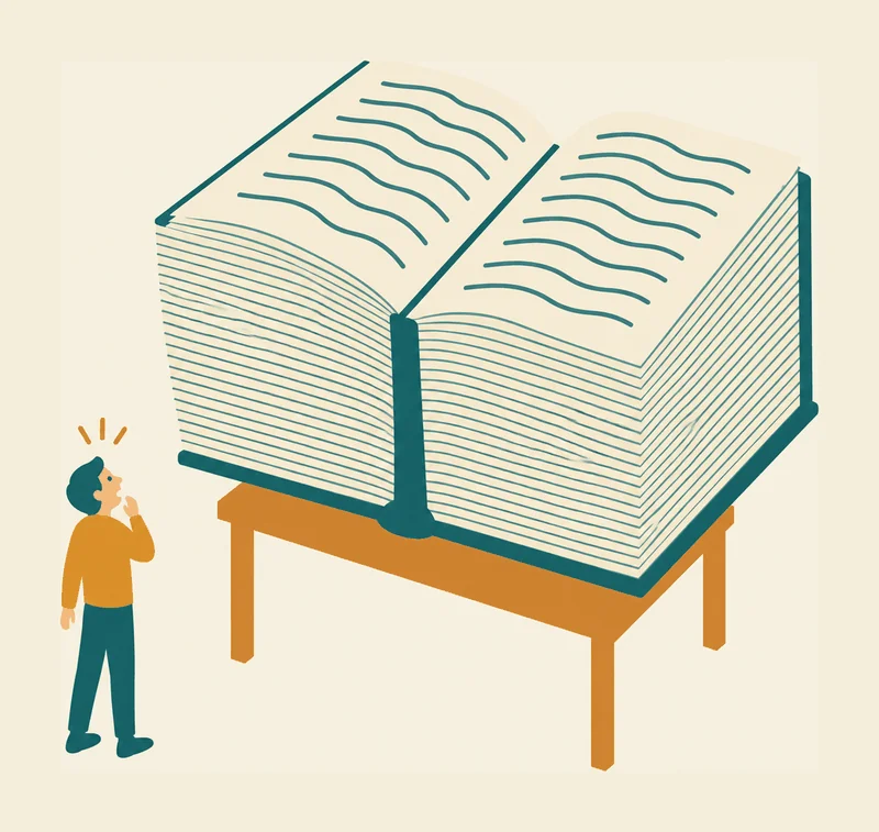 Ein riesiges aufgeschlagenes Buch auf einem Tisch, daneben ein kleiner Mensch, der staunend hinaufschaut