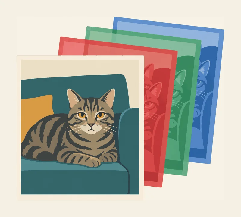 Ein Foto einer Katze auf einem Sofa, das sich nach hinten in drei gleich große, durchscheinende Schichten in Rot, Grün und Blau auffächert