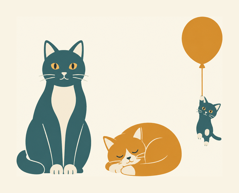 Drei Katzen nebeneinander: links eine große, aufrecht sitzende Katze, in der Mitte eine mittelgroße, zusammengerollt schlafende Katze, rechts eine sehr kleine Katze, die an einem Luftballon in der Luft hängt