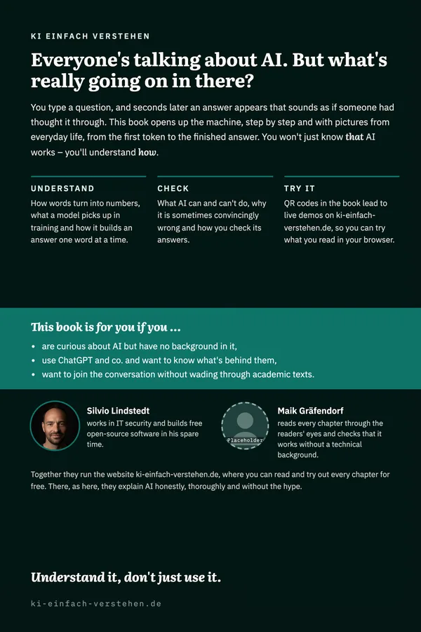 Back cover: blurb “Everyone’s talking about AI. But what’s really going on in there?”, three pillars understand, check, try it, and an introduction of the authors.