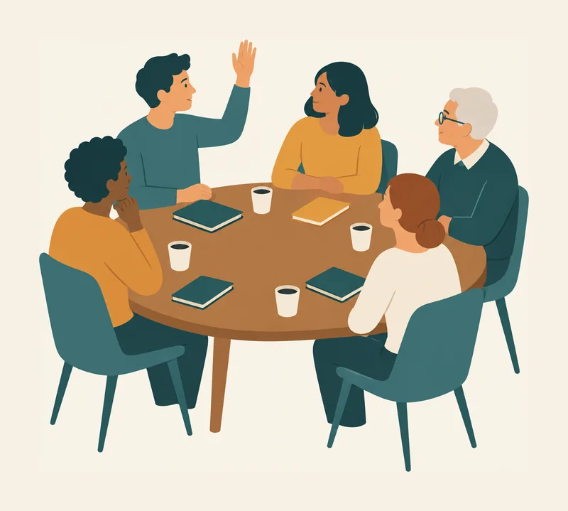 Fünf Menschen unterschiedlichen Alters sitzen an einem runden Tisch mit Notizbüchern und Kaffeetassen; eine Person hebt die Hand für eine Frage, die anderen wenden sich ihr zu und hören zu.