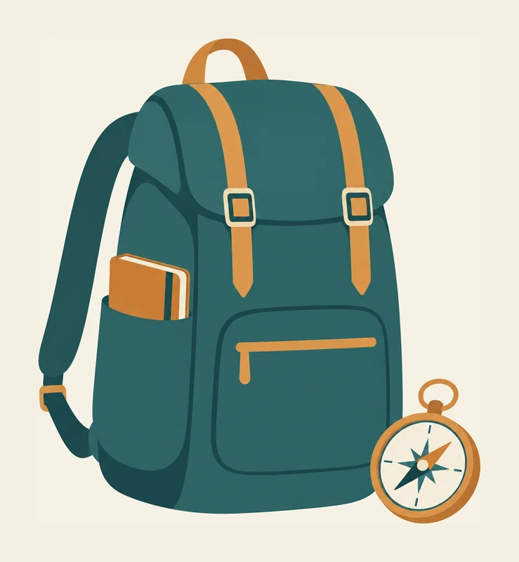 Ein Wanderrucksack, in dessen Seitentasche ein kleines Notizbuch steckt; daneben liegt ein Kompass auf dem Boden.